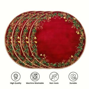 VIKAMA Pine Branch Ribbon Flake Round Placemat Beige Background Green Conifer Red Bow White Snow Ornament Berry Christmas Table