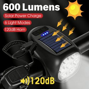 BUCKLOS | BUCKLOS Bike Solar Lights 7 LED with Horn 120DB Bicycle Headlight Type-C Rechargeable Front Lamp Cycling Bells Highlight Light