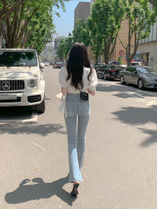 High Waist Skinny Jeans Women Spring and Autumn Light Color Small Horseshoe Pants High Waist Slimming Split Chic Flared Pants