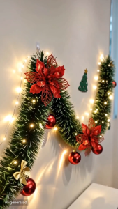 3.5/7M Christmas Tinsel Ribbon Garland with Bowknot Green Cane Wreath Xmas Tree Hanging Pendent Ornaments Wedding Party Christmas Home Decoration