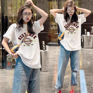 plus Size Womens Pink Pure Cotton Short Sleeve T-Shirt Summer New Style European Print Mid-Length Trendy Top Korean Style Commute