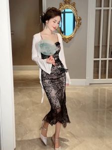 ZY.HT Set đồ 2 mảnh của EraVogue với áo quai đơn + váy Với miếng đệm ngực váy nữ váy đen váy ren váy cưới 20392.