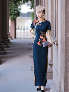 Elegant New Chinese Style plus Size Young Womens Cheongsam Slimming Waist Design High Collar Short Sleeve Long Qipao for Performance