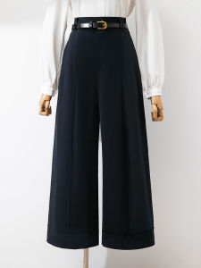 กางเกงขายาวทรงหลวมสีน้ำเงินเข้มสำหรับผู้หญิง กางเกงขายาวทรงตรงลำลอง กางเกงขายาวทรงตรงผ้าฝ้ายซักได้ ฤดูใบไม้ผลิและฤดูใบไม้ร่วง