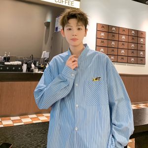 HetingHOME | Áo sơ mi nam dài tay kẻ sọc rộng rãi Hetinghome mùa hè thời trang cặp đôi phong cách Mỹ thường ngày chất liệu polyester