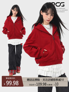 Red American Style Hoodie Jacket Womens Short Shoulder Open Cardigan Early Autumn Initial Matching Sweatshirt Casual Outerwear