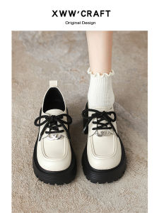 Fashionable Genuine Leather White Flats Womens Spring Autumn New Thick Bottom Front Buckle Fairy Style Single Shoes