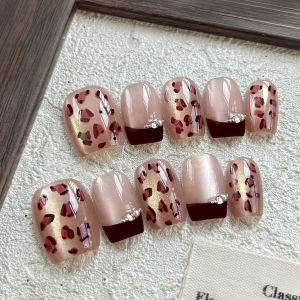 Handmade Press on Nails Gold Brown Leopard Print False Nails with Crystal Cat Eye Champagne Diamond Sweet Cool Fake Nail Tips