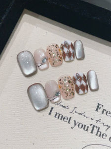 Handmade Short Square Nail Art Decals Removable Hand-Painted Cat Eye White Light Therapy False Nails Korean Style Nail Stickers