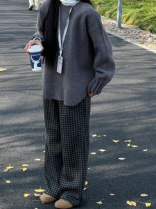 Retro Hong Kong Style High Waist Loose Fit Womens Plaid Pants Autumn Winter Fleece Lined Wide Leg Casual Trousers