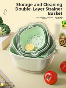 youqin | Dual Layer Simple Plastic Fruit and Vegetable Washing Basket 8 Piece Set