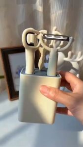 6pcs Kitchen Gadgets Set Stainless Steel Fruit Vegetable Peeler Multiple-Function Paring Scissor with Storage Seat