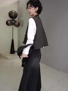 Luxurious Versatile Chinese Style Long Sleeve Shirt Vest and Pinafore Skirt Set