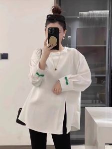 New Chinese Style Loose Long Sleeve T-Shirt Womens Spring Autumn plus Size Fat MM Patchwork Button up White Base Shirt Top