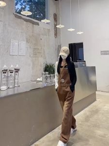 Hàng chuẩn cao cấp Quần yếm jean ống suông rộng thêu HAMBURGER màu NÂU phủ giày siêu phẩm cao cấp
