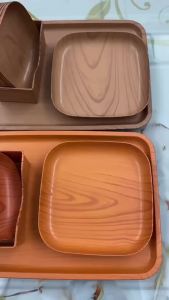 Plate Kitchenware with Plastic Wooden Design for Dessert Snack and Dinnerware