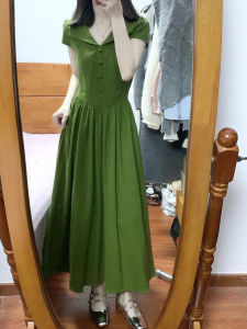 HUAYILING | French Vintage Green Dress Women Summer New Style High Waist A-Line Skirt Cotton Short Sleeve Sweet Style Floral Print Dress