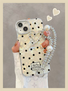 เคสโทรศัพท์แบบป้องกันการตกหล่นลายหอยสีดำ ดีไซน์สุดเก๋สำหรับผู้หญิง Apple 15 pro Max iPhone 14 16 สายรัดหัวใจลายจุด