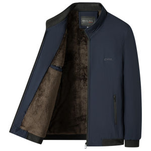 Thickened Fleece Autumn Winter Jacket for Middle-Aged Men Warm Cotton Jacket Stand Collar Zipper Casual Style Business Gentleman