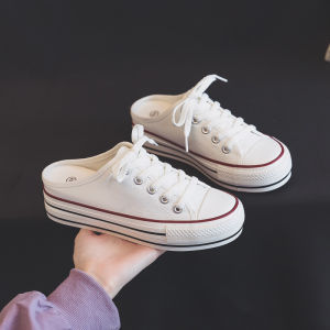 Womens Canvas Shoes White Thick Bottom Heightening Slip-On Half Slippers Casual round Toe Rubber Outsole Youth Footwear