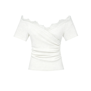 YUEZHONGWEI | French V-Neck Lace Patchwork Blue Off Shoulder Short Sleeve T-Shirt Waist Slimming Elegant Design