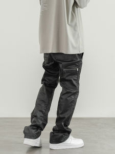 Black Heavy Duty Patchwork Rivet Wax Dye Coated Micro Flared Work Trousers High Street Slimming Long Pants for Men