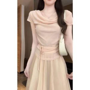 YUEZHONGWEI | Irregular Draped Neck Silk Knitted Slim Fit T-shirt Pink
