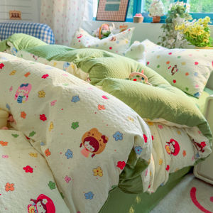 susan | Green Floral Print Puff Cotton Bedding Set 4-Piece
