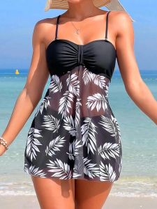 2024 Short Dress Tankini with Shorts Swimsuit Women Swimwear Female Padded Printed Bathing Swim Suit Swimming Beachwear Summer