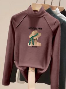 แฟชั่นสองด้านกํามะหยี่แขนยาวเสื้อยืดผู้หญิงฤดูใบไม้ผลิ/ฤดูใบไม้ร่วงหนากึ่งสูง SLIM FIT เสื้อผ้าทํางานที่อบอุ่น