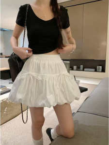 Váy Ngắn Xếp Ly Màu Trắng Cho Nữ Mùa Hè Váy Ngắn Lưng Cao Váy Xếp Ly Mềm Mại Váy Chữ A Váy Ngắn Thường Ngày