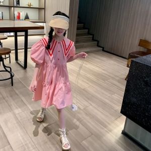Lsshow summer cotton short sleeve bubble sleeve dress for girls new pink navy collar dress