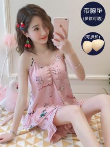 Pure Cotton Womens Sleepwear Summer Thin Home Clothes with Chest Pad Korean Style Cute Spring Autumn Two-Piece Set Home Clothes