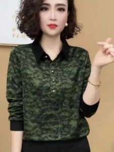 Womens Autumn New Arrival Lapel Underwear Blouse Loose-Fitting Western Style Top Mom Clothes Spring & Fall Long Sleeves Print T-shirt Small Shirt