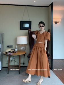 F.tee Three Sisters Summer 2025 New French V-neck Short Top Pleated Puffy Skirt Two-piece Set Korean Style High Waist Long Dress