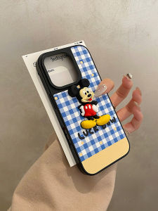 Cute Blue Plaid 3D Mickey Apple 17 pro Max Protection Case with Lanyard Compatible with iPhone 13 16P 16Max Full Cover Anti-Fall