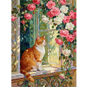 5D DIY Orange cat next to roses on windowsill Diamond Painting Mosaic Diamond Embroidery Handmade Art Gift Home Decor