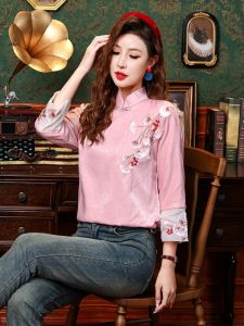 Chinese Style Modified Cheongsam Top Womens Shirt 2024 Spring Autumn New Design National Spirit Small Shirt Embroidered Button Tang Suit Shirt