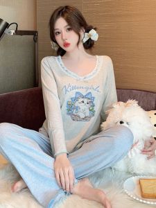 ชุดนอนผู้หญิงแขนยาว ผ้าโมดอล 2025 ฤดูใบไม้ผลิและฤดูใบไม้ร่วง น่ารัก หวาน ชุดอยู่บ้าน พร้อมแผ่นรองหน้าอก ชุดสองชิ้น