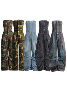 Street Hipster Army Green Camouflage Print Tube Top Jumpsuit Waist-Tight Slim Looking Wide-Leg Overalls Straight-Leg Trousers Women