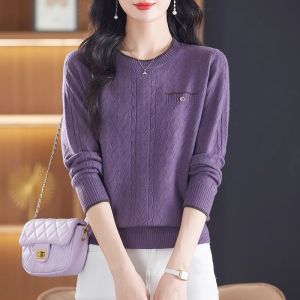 Spring Autumn Thin Pure Color Cashmere Sweater Womens round Neck Overhead Short Loose Knitted Base Shirt Long Sleeve