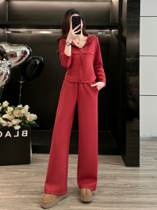 SUYE | Stylish Hooded Zipper Jacket and Wide Leg Pants Set for Women