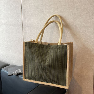 Artistic Linen Striped Commuter Shoulder Bag Large Capacity Spring Summer New Style Maternity Bag Casual Simple Style Magnetic Buckle Closure