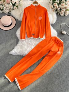 Áo Len Cardigan Khóa Kéo Thêu Dài Tay Cạp Cao Cho Nữ Bộ Đồ Hai Mảnh Áo Khoác Ngoài Thời Trang Mùa Thu Đông Áo Len Cardigan
