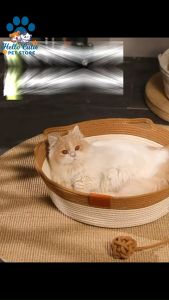 Handwoven Round Wicker Cat Bed Japanese-style made of natural rattan providing a cool and comfortable resting spot