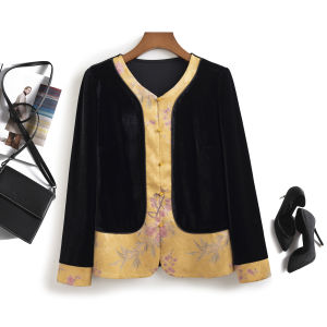 Velvet Open Cardigan Womens Midlife Mommy Style Gold Velvet V-Neck Spring Autumn New Chinese National Style Fake Two-Piece