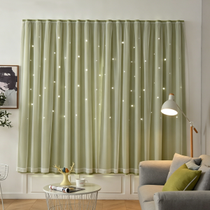 1 Pair Fresh Green Star Cutout Double Layer Curtains Dreamy Romantic Girly Style Light Block Thermal Window Cover for Living R