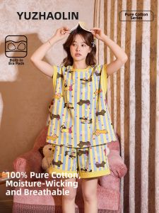 Yuzhaolin | Cotton Padded Bra Cartoon Thin Summer Womens Pajama Set