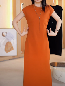 Retro round Neck Loose Womens Dress Orange Short Sleeve High Waist A-Line Summer New Style Comfortable Sensation Casual Wear
