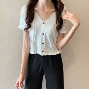 SIS Women T-shirt Summer Vintage V Neck Short Sleeved Top Knitted Sweater